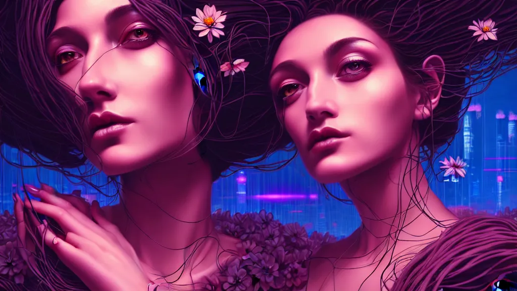 Image similar to a beautiful closeup portrait painting of a singular flower goddess in a sensual pose, in the style of dan mumford artwork, in the background a futuristic cyberpunk city with lit windows is seen.