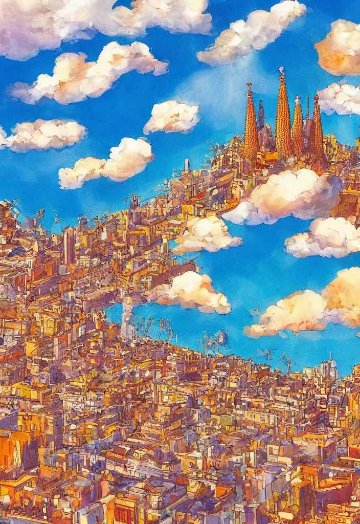 Image similar to barcelona city, detailed clouds, sunbeams, heavenly color scheme, studio ghibli scheme