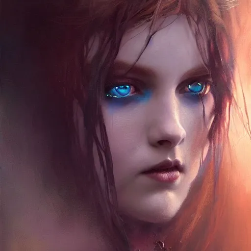 Prompt: dark goth queen with blue eyes, dark fantasy, hyperrealistic portrait, art of elysium by jeremy mann and alphonse mucha, fantasy art, photo realistic, dynamic lighting, dark, goth, artstation, ginger hair, volumetric lighting, very detailed face, 4 k, award winning