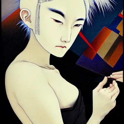 Image similar to yoshitaka amano blurred and dreamy realistic three quarter angle portrait of a woman with white hair and black eyes wearing dress suit with tie, junji ito abstract patterns in the background, satoshi kon anime, noisy film grain effect, highly detailed, renaissance oil painting, weird portrait angle, blurred lost edges