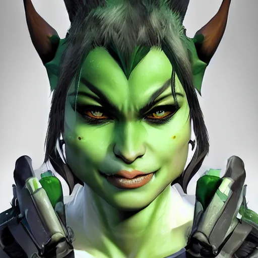 Prompt: character portrait of a green orc female, light green tone beautiful face by yoji shinkawa, trending on artstation