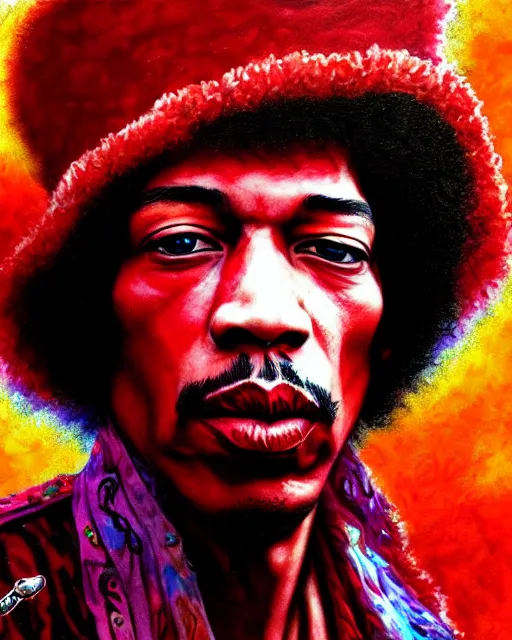 Image similar to highly detailed closeup, of jimi hendrix, dressed in a red mushroom hat and clothes, full face view, on a battlefield, hyper realistic, psychedelic, illustration, digital paint, matte paint, vivid colors, detailed and intricate environment