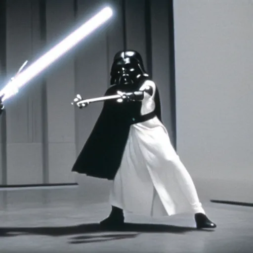 Prompt: film still of princess leia fighting darth vader in a lightsaber battle, star wars, 1 9 7 0, kodak, film, lightsabers, dramatic lighting, epic