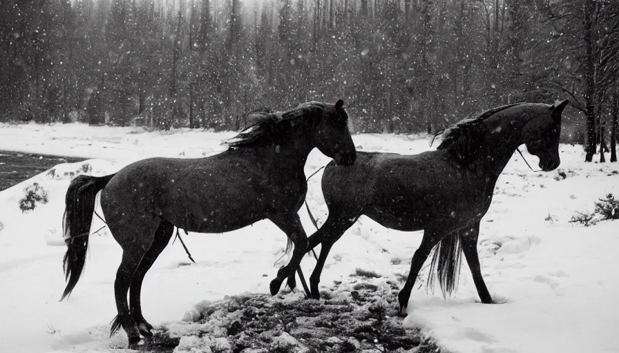 Image similar to 1 9 6 0 s movie still close up of marcus aurelius + horse frozen to death under the snow by the side of a river with gravel, pine forests, cinestill 8 0 0 t 3 5 mm b & w, high quality, heavy grain, high detail, texture, dramatic light, anamorphic, hyperrealistic, detailed hair, foggy