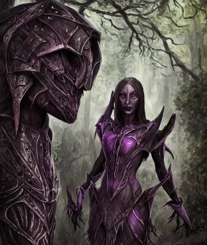 Prompt: a dark elf woman removes her daedric armor and prepares to set up camp by a stream in the woods, oil painting, aesthetic face, symmetrical face, magic, dark, gloomy, portrait, character portrait, concept art, symmetrical, 4 k, macro detail, realistic shadows, bloom, cosplay, dviant art