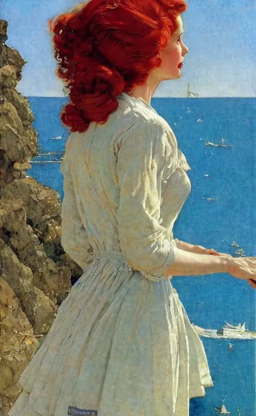 Image similar to portrait of a lady! with red hair! by norman rockwell!! mediterranean sea in the background!! beautiful!