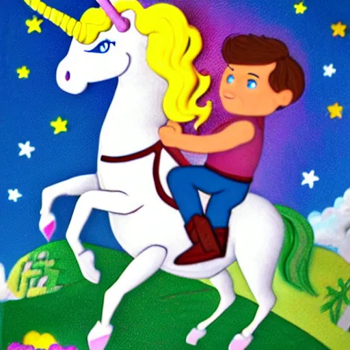 Image similar to wesley crusher riding a unicorn into battle