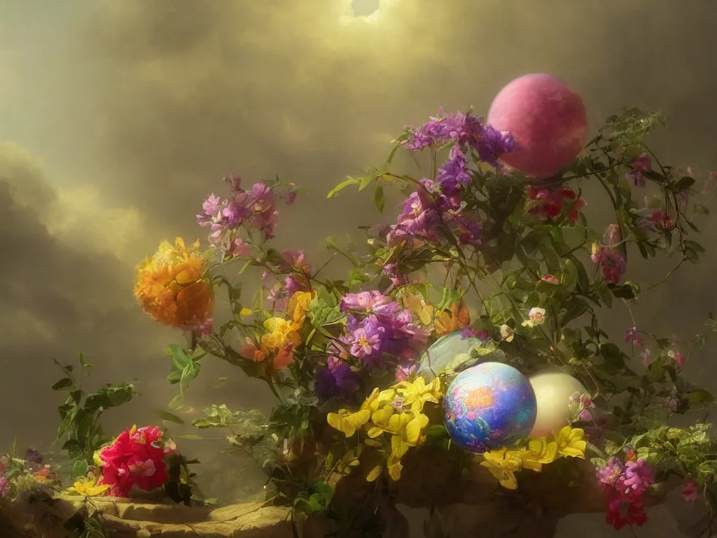 Image similar to 3d render, Sunlight Study, The orb of springtime by Jan Davidsz de Heem and ((((((((Ivan Aivazovsky)))))))) and (((Lisa Frank))), Art Nouveau, 8k, extreme detail, sharp focus, octane render