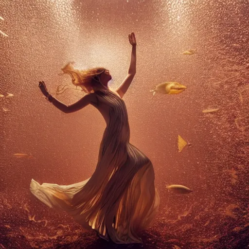 Image similar to woman dancing underwater wearing a long flowing dress made of many layers of gold and silver wire, coral sea bottom, swirling schools of silver fish, swirling smoke shapes, octane render, caustics lighting from above, cinematic, hyperdetailed