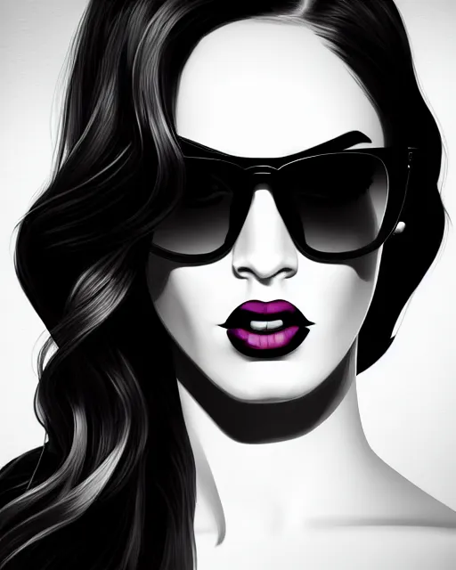 Prompt: closeup portrait of film noir angry megan fox with long windblown hair in a black party dress wearing ray ban sunglasses, glamour pose, detailed illustration, digital art, trending on artstation, arney freytag, graffiti, gta 5,