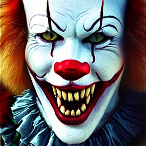 Image similar to a feline Pennywise, creepy, realistic