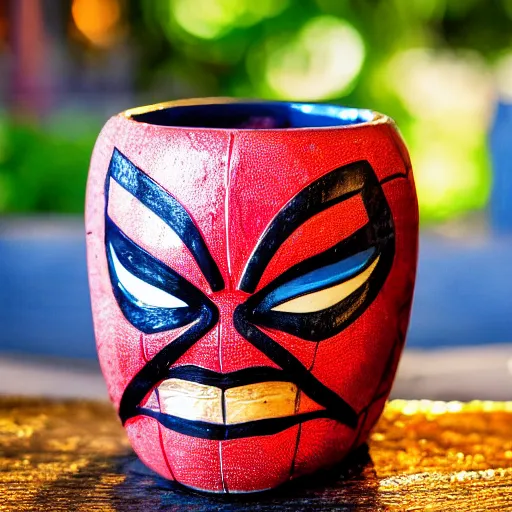 Image similar to a closeup photorealistic capture of glossy spider man style tiki mug at an outdoor trader vic's bar featuring the face of spider man. tiki theme. bright scene. fine detail. this 4 k hd image is trending on artstation, featured on behance, well - rendered, extra crisp, features intricate detail, epic composition and the style of unreal engine.