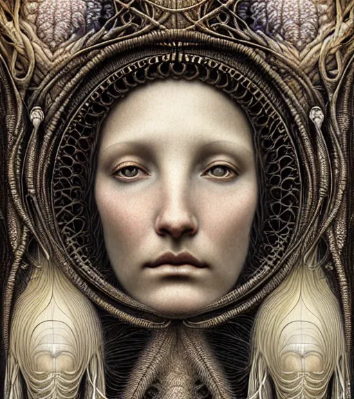 Prompt: detailed realistic beautiful solstice goddess face portrait by jean delville, gustave dore, iris van herpen and marco mazzoni, art forms of nature by ernst haeckel, art nouveau, symbolist, visionary, gothic, neo - gothic, pre - raphaelite, fractal lace, intricate alien botanicals, ai biodiversity, surreality, hyperdetailed ultrasharp octane render