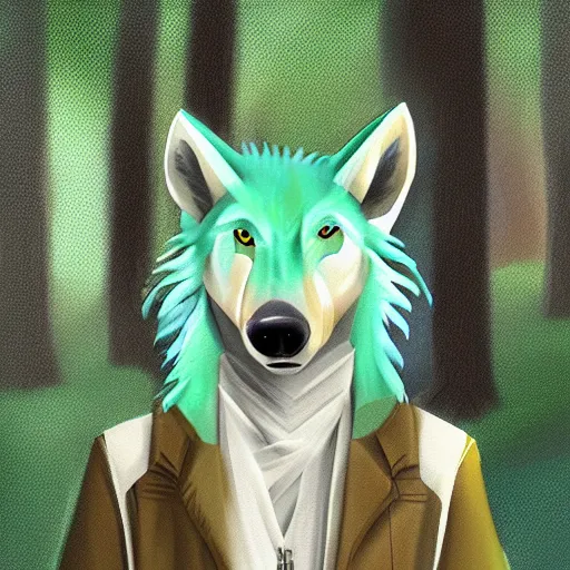 Image similar to Beautiful portrait digital painting of an anthro anthropomorphic minty wolf at a forest day time.