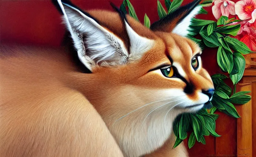 Image similar to fullbody portrait of cute fluffy caracal with laurel wreath on his head, chaplet on head, illustration, high detail, francine van hove