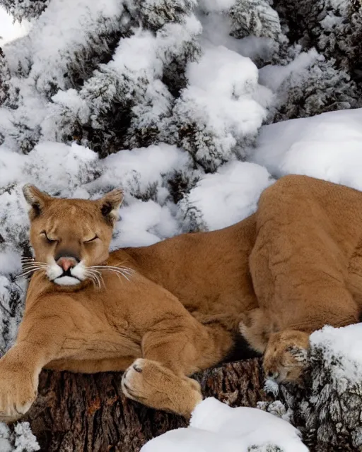 Image similar to postcard showing 'a cougar sleeping in the middle of snowy pine tree' laying on coffee table, zoomed out, HD, iphone screenshot