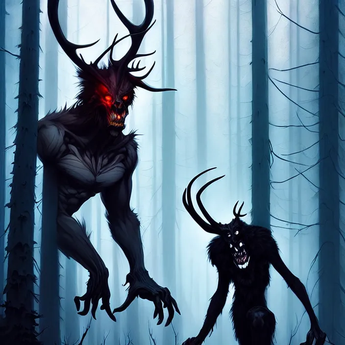 Image similar to style artgerm, joshua middleton, jesper ejsing, scary wendigo with antlers and skull face mixed with werewolf, in the forest, detailed, dark and foggy, cinematic lighting