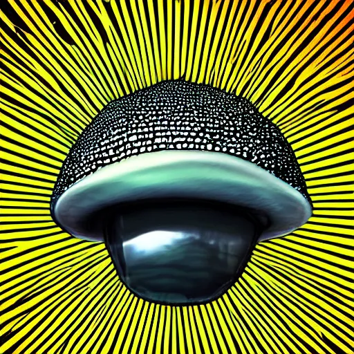 Image similar to mushroom ufo logo on black background, 3d, trippy glitched digital art, artstation, cgsociety