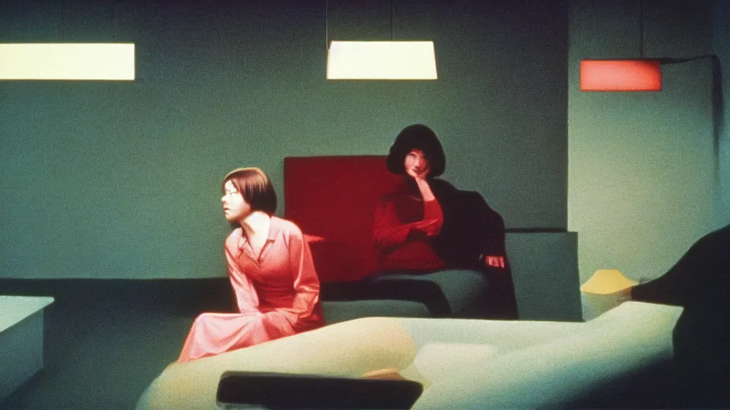 Prompt: still from a 7 0's art house movie by ishiro honda, edward hopper and david lynch : : love, art : : professional photograph, cinestill 8 0 0 tungsten 3 5 mm, high quality, triadic color scheme