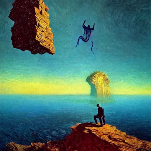 Prompt: A man climbs a cliff while coding A.I. on a laptop - award-winning digital artwork by Salvador Dali, Beksiński, Van Gogh and Monet. Stunning lighting