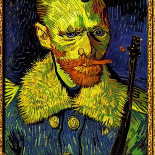 Prompt: fry with a sword, painting, artwork by van gogh