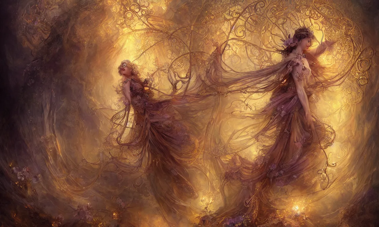 Prompt: breathtaking detailed soft painting of a fairy bride with fire amethyst wings and golden ribbons, art nouveau golden rose flowers floating around the gondor, rembrandt style, hyper detailed fire stained glass windows, volumetric lighting, concept art, matte, sharp focus by Tom Bagshaw, Anato Finnstark and Greg Rutkowski