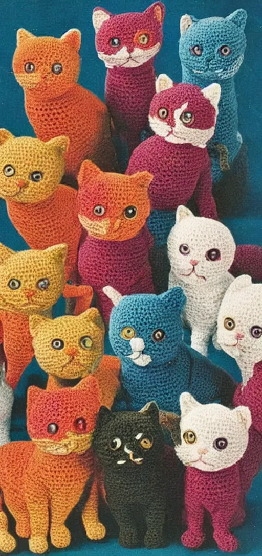 Prompt: multicolored crocheted cats, 1 9 6 0 s catalogue photo,