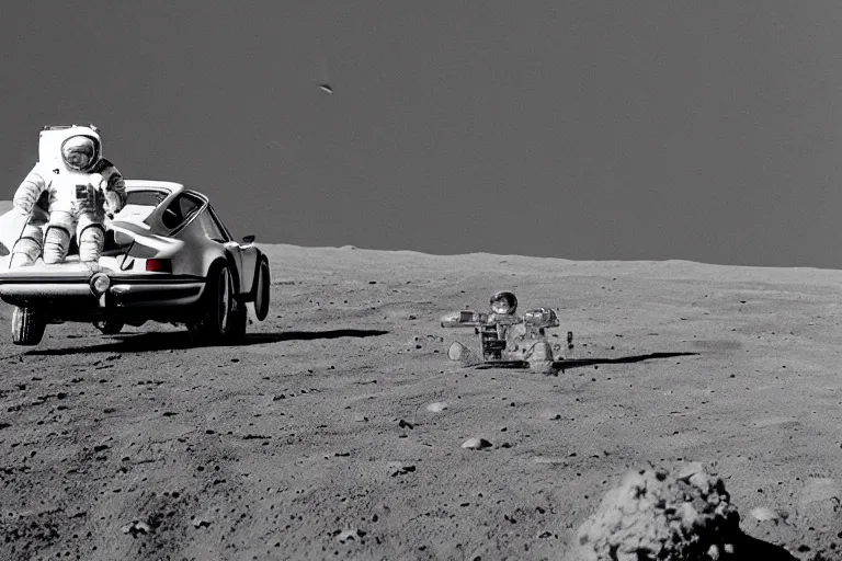 Image similar to vintage photo of a porsche 911 on the moon being driven by an astronaut. apollo moon landing