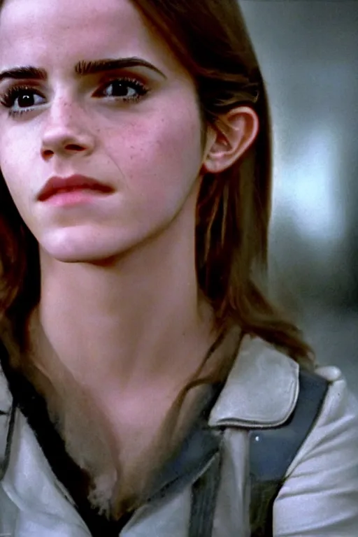 Prompt: a cinematic still of Emma Watson as The T-1000 . Terminator 2 Judgement Day.
