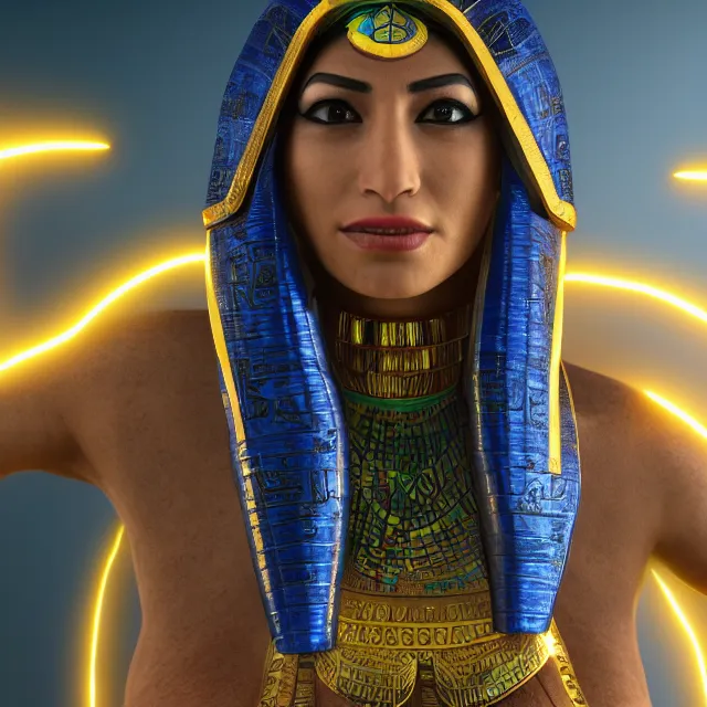 Prompt: a female egyptian / aztecian priest using her mutant electrical powers hyper detailed photorealistic highlights and shadow hd 8 k post - processing high resolution