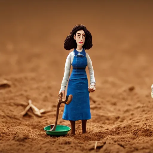 Image similar to a cinematic film still of a claymation stop motion film starring anne hathaway as female farmer with pitchfork, shallow depth of field, 8 0 mm, f 1. 8