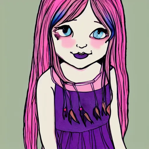 Image similar to little girl with eccentric pink hair wearing a dress made of purple feather, art by dcwj