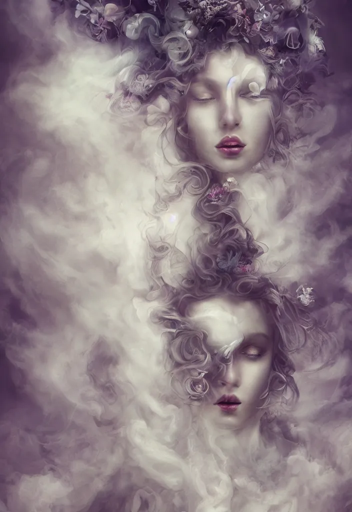 Prompt: surreal, beautiful, haunting young woman made out of smoke and clouds, ghost, apparition, in renaissance times, detailed gorgeous face, flowing hair, vaporwave aesthetic, synthwave long luxurious gown made out of pearls, hair done up with flowers and ribbons, digital art, butterflies, birds, digital painting, artstation, concept art, smooth, sharp focus, illustration, art by artgerm and greg rutkowski and alphonse mucha