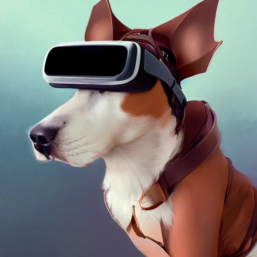 Image similar to a dog wearing a VR headset on its head. By Makoto Shinkai, Stanley Artgerm Lau, WLOP, Rossdraws, James Jean, Andrei Riabovitchev, Marc Simonetti, krenz cushart, Sakimichan, trending on ArtStation, digital art.