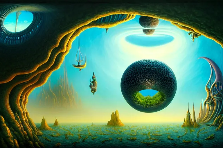 Prompt: a beautiful epic stunning amazing and insanely detailed matte painting on canvas of alien dream worlds veduta with surreal architecture designed by Heironymous Bosch, portals to new worlds, mega structures inspired by Heironymous Bosch's Garden of Earthly Delights, the nexus portal, vast surreal landscape and horizon by Cyril Rolando and Andrew Ferez, rich pastel color palette, masterpiece!!, grand!, imaginative!!!, whimsical!!, epic scale, intricate details, sense of awe, elite, wondrous, mysterious, insanely complex, masterful composition, sharp focus