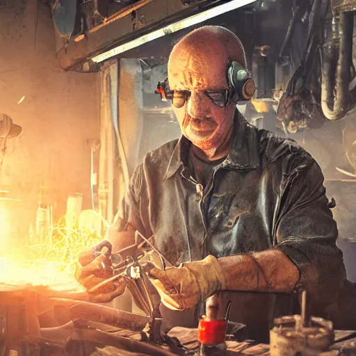 Image similar to half rusted old egg beater half stun - gun, balding older cyborg repairing, red hot soldering iron, dark messy smoke - filled cluttered workshop, dark, dramatic lighting, orange tint, cinematic, highly detailed, sci - fi, futuristic, movie still from blade runner