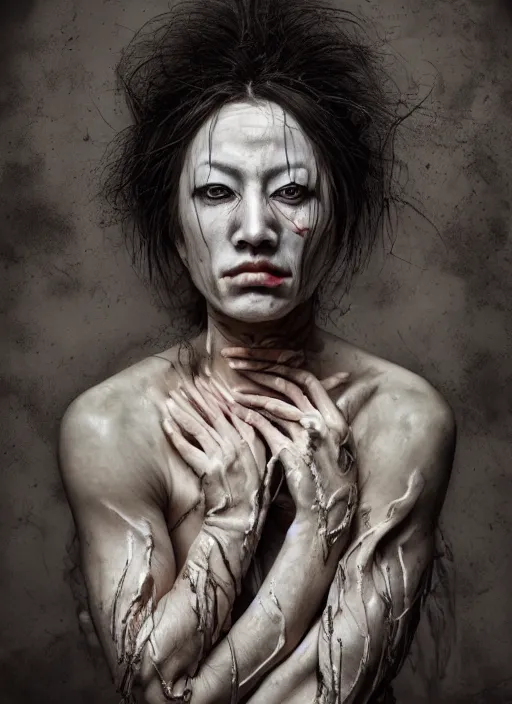 Image similar to expressive face potrait photo of a clothed butoh dancer, glamour shot, by jenny saville, by stefan gesell, photorealistic, canon r 3, fashion photography, hyper maximalist, elegant, ornate, luxury, elite, environmental portrait, symmetrical features, octane render, unreal engine, solid dark grey background, dramatic lights