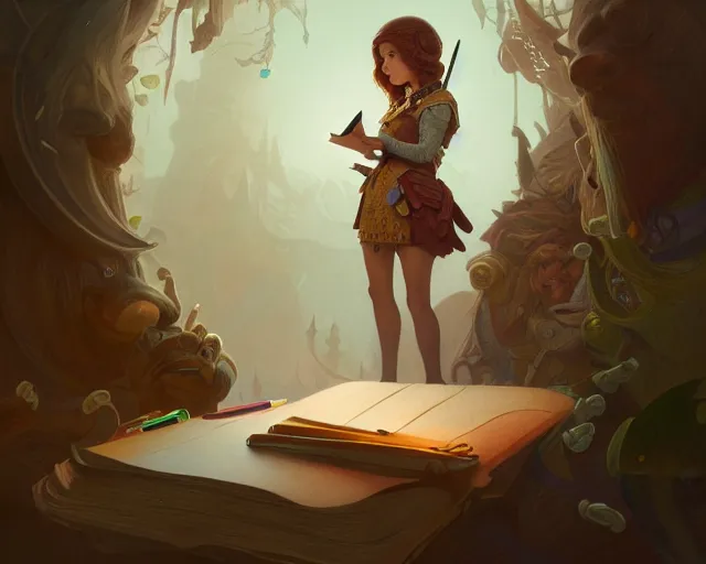 Image similar to hey duggee, holding a notepad and pencil, deep focus, d & d, fantasy, intricate, elegant, highly detailed, digital painting, artstation, concept art, matte, sharp focus, illustration, hearthstone, art by artgerm and greg rutkowski and alphonse mucha