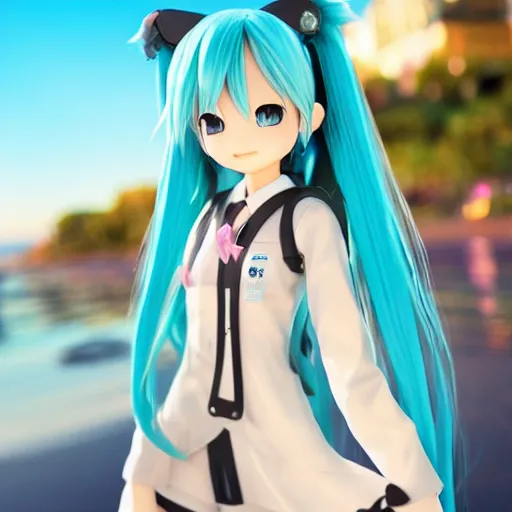 Image similar to photo of hatsune miku takes a walk on late evening beach, f 2,4