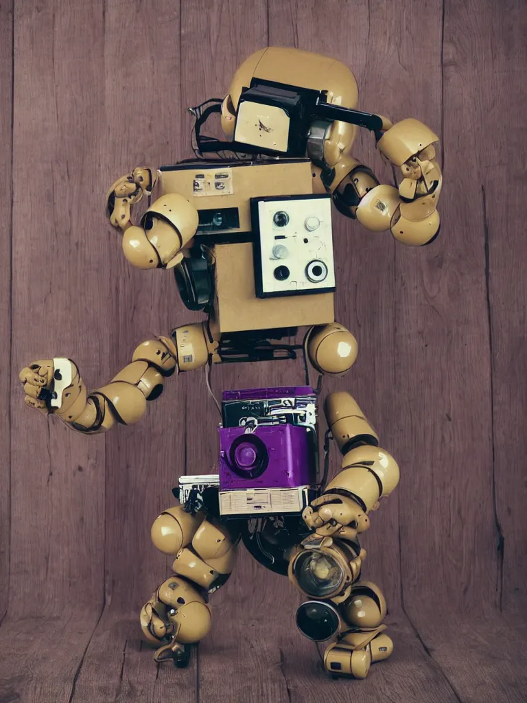 Image similar to an earth - tone robot with a ghettoblaster boombox for a head, wooden body, sleek, surreal, cool, retro, 1 9 9 0 s vibe, country road, one purple balloon