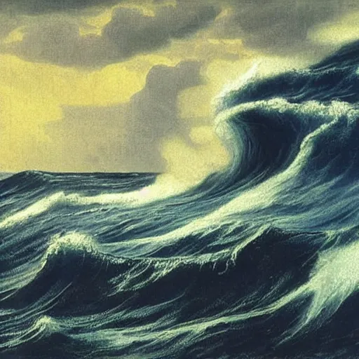 Prompt: A beautiful body art of a raging storm at sea, with huge waves crashing against the rocks. The sky is dark and ominous, and the sea is rough and choppy. Interstellar by Wilfredo Lam, by Jean-Léon Gérôme lively
