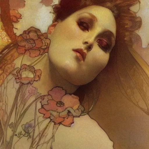 Image similar to woman's sideface, beautiful background, by alfons maria mucha, highly detailded