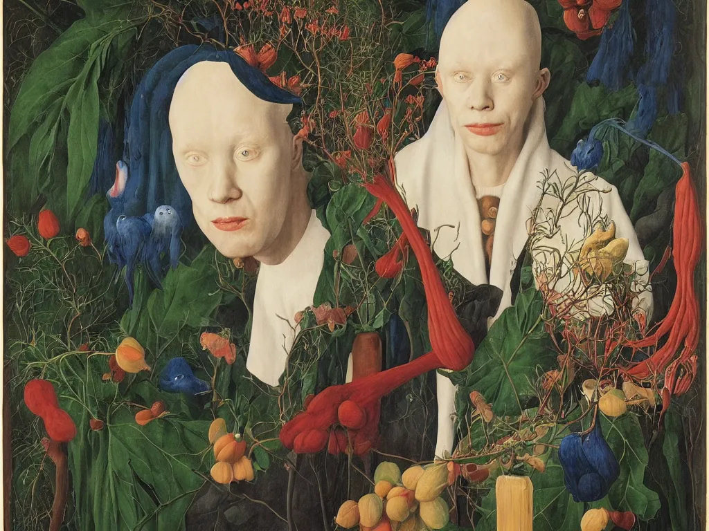 Image similar to Portrait of albino mystic with blue eyes, with beautiful exotic plant seed. Painting by Jan van Eyck, Audubon, Rene Magritte, Agnes Pelton, Max Ernst, Walton Ford
