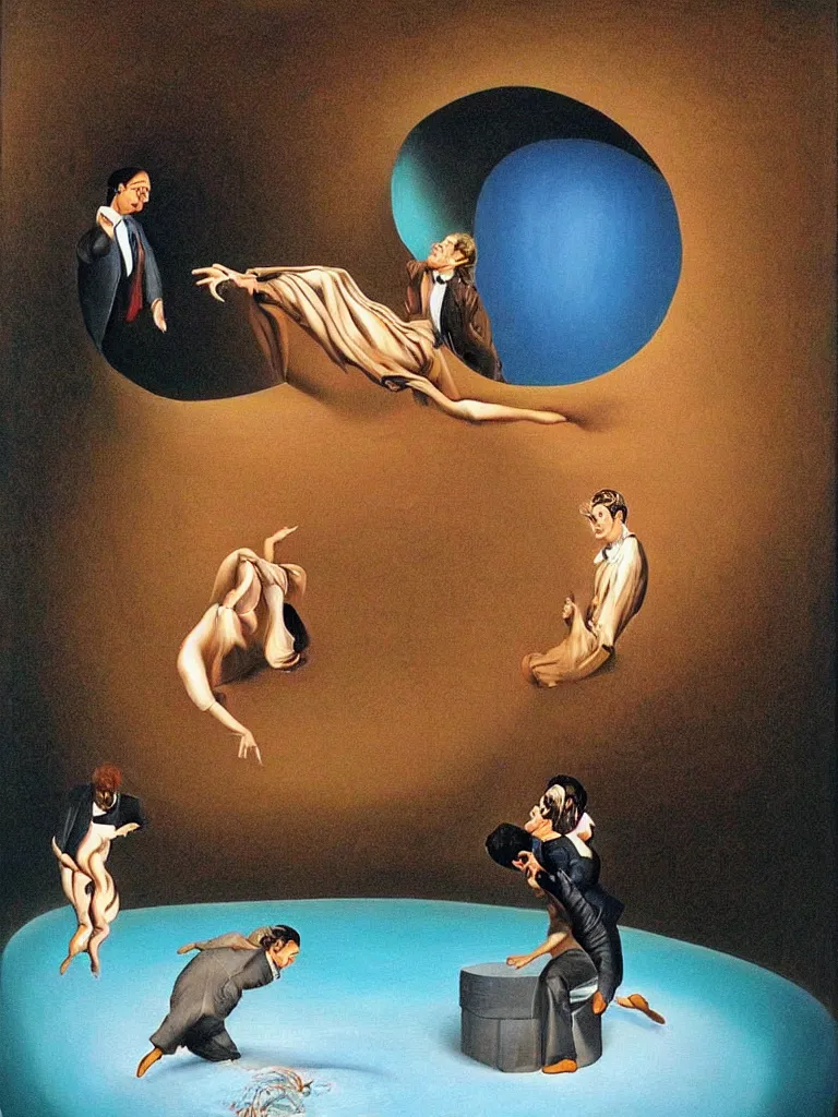 Image similar to optical illusion painting of a couple dancing in a worm hole, illusionism, mind blow, by leandro erlich and salvador dali, detailed