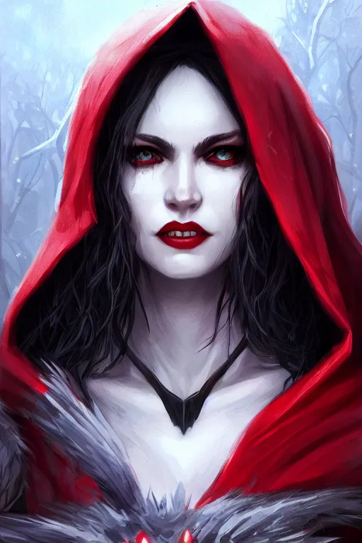 Image similar to vampire red riding hood, d & d, fantasy, portrait, highly detailed, headshot, digital painting, trending on artstation, concept art, sharp focus, illustration, art by artgerm and greg rutkowski and magali villeneuve