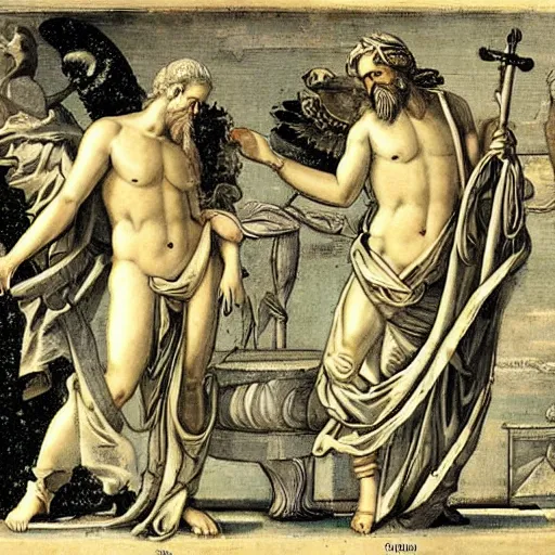Image similar to zeus et jupiter in arte graphicali recenti depictum, illustrem insignem indolem designans, art of older deities