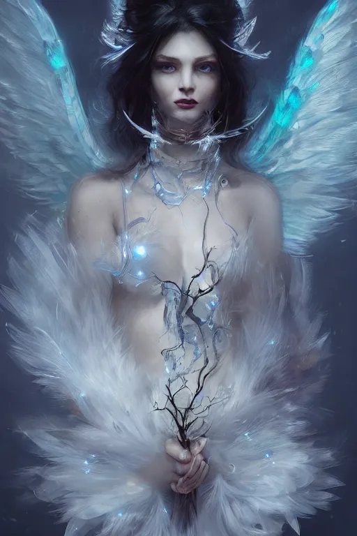 Prompt: beautiful model wearing ice feathers, diamonds, angel, fantasy, dramatic lighting, highly detailed, digital painting, holding electricity, magic the gathering, hyper detailed, 3 d render, hyper realistic detailed portrait, peter mohrbacher, wlop, ruan jia