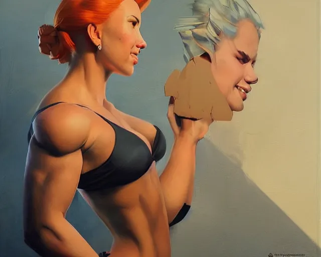 Image similar to greg manchess portrait painting of smiling scarlett johansson as beautiful thick female bodybuilder zarya from overwatch, medium shot, asymmetrical, profile picture, organic painting, sunny day, matte painting, bold shapes, hard edges, street art, trending on artstation, by huang guangjian and gil elvgren and sachin teng