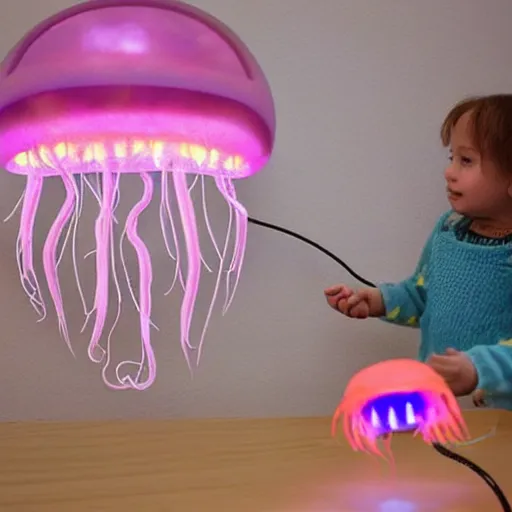 Image similar to “ cute alien floating jellyfish pet, made of electricity jelly and computer circuits, playing with adorable toddler girl, in a futuristic log cabin living room ”