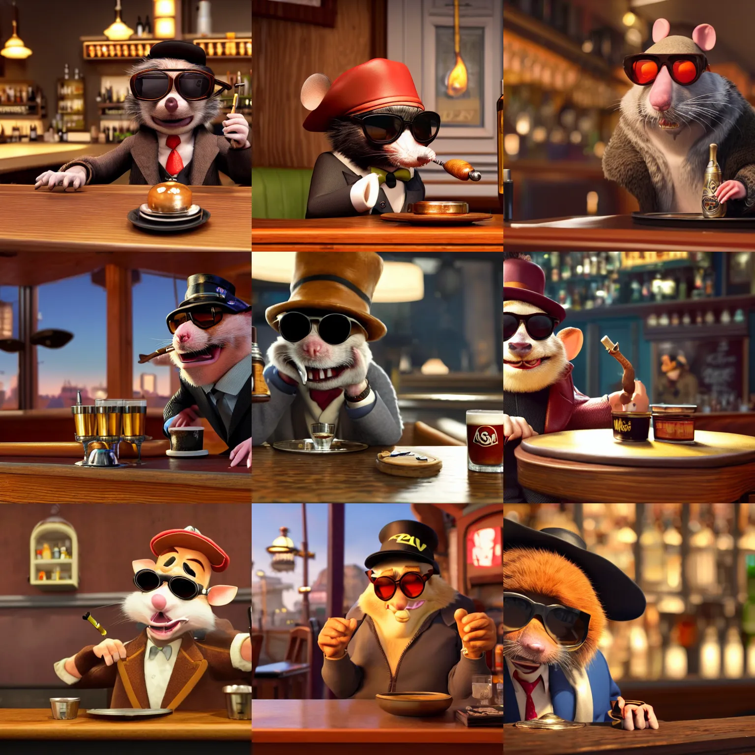 Prompt: a still of an anthropomorphic gangster rat, wearing sunglasses and a mafia-style hat, long fur and a large cigar in an ashtray, sitting at a bar in a DIsney Pixar movie, 35mm f2.8, 4k, artstation, PBR materials, Pixar renderman render